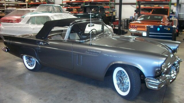 Gray 1957 Ford Thunderbird convertible.
