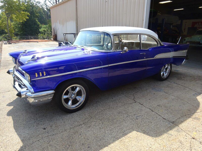 Restored blue 1957 Chevy Bel Air.