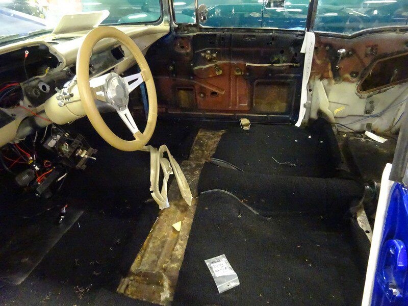 Classic car interior under restoration.