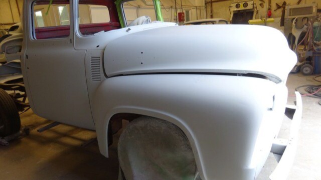 Primered 1956 Ford F-100 truck body.