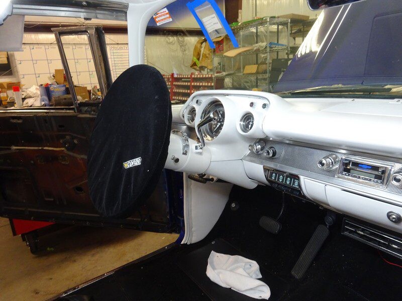Classic car interior under restoration.