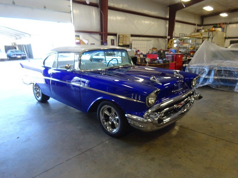 Blue 1957 Chevy Bel Air classic car.