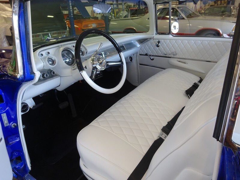 Custom blue and white 1957 Chevy interior.