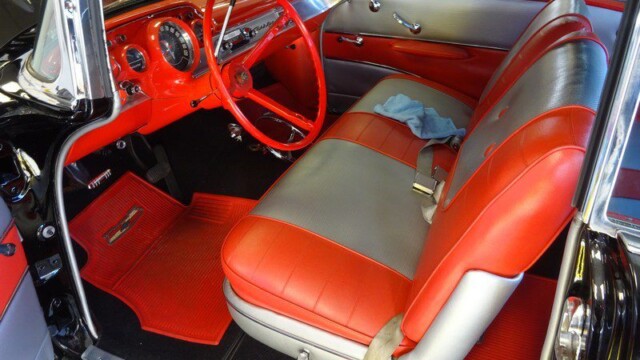 Red and gray vintage car interior.