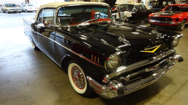 Black and white 1957 Chevy convertible.