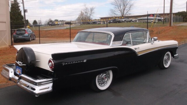 Black and white 1957 Ford Fairlane.