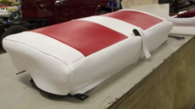 Red and white car seat upholstery.