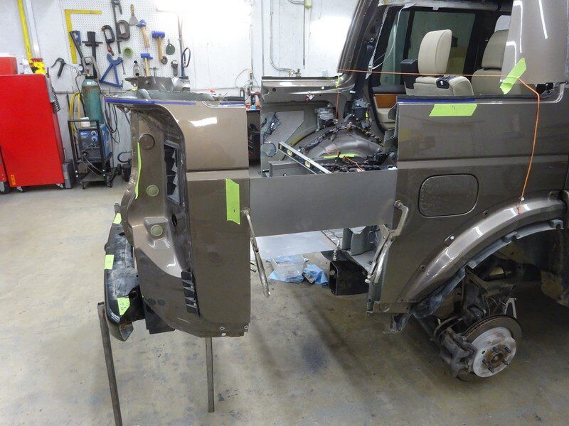 Land Rover body repair in progress.