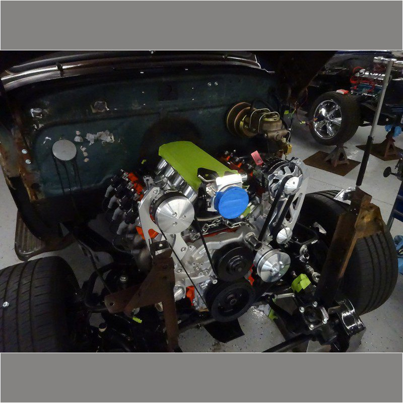 Custom engine installation in classic car.