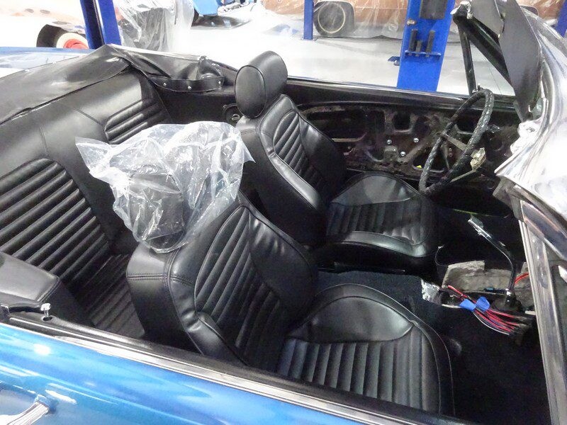 Blue classic car interior seats.