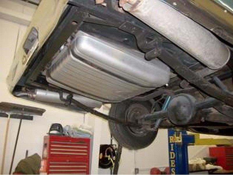 Underside of car, gas tank, exhaust.