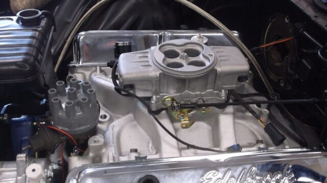 Edelbrock intake manifold in car engine.