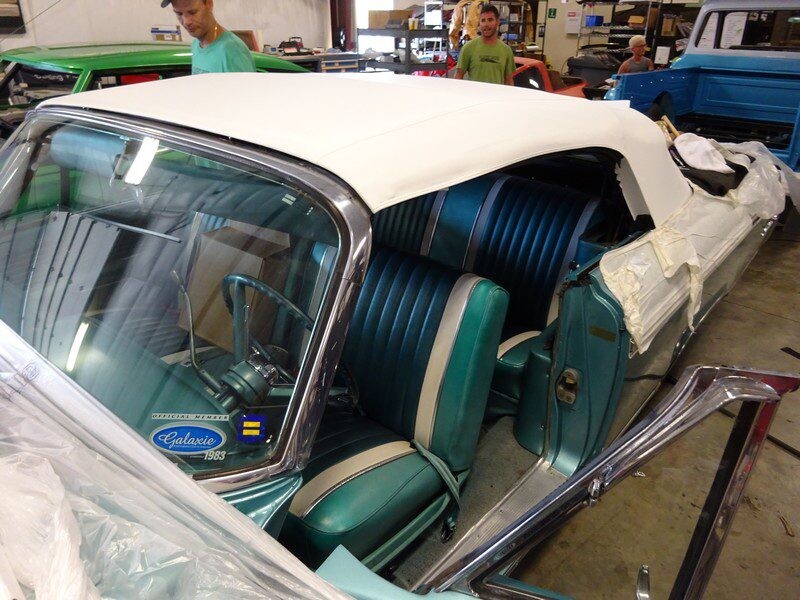 Teal 1963 Galaxie convertible restoration.