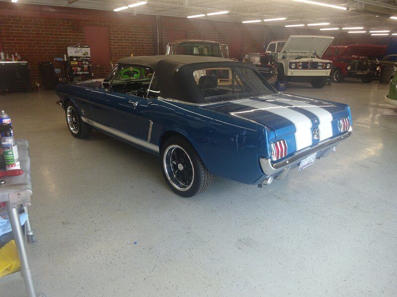 Rear view of striped blue Mustang convertible