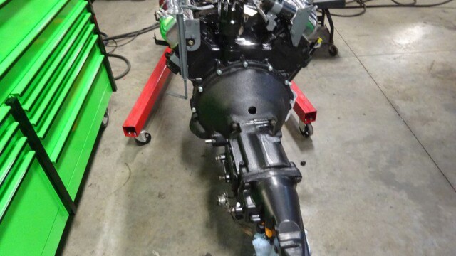 Black engine and transmission assembly.