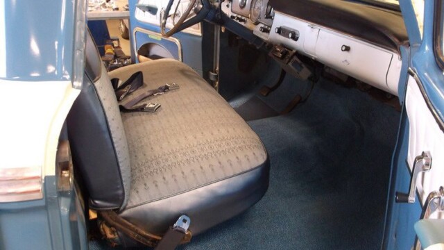 Blue vintage Ford truck interior.
