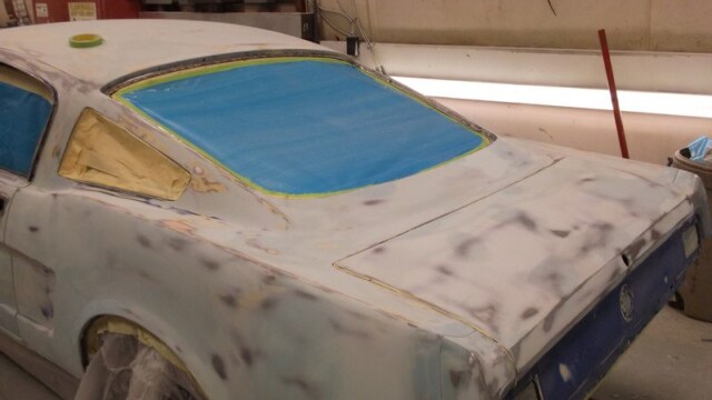 Primered classic car awaiting paint.