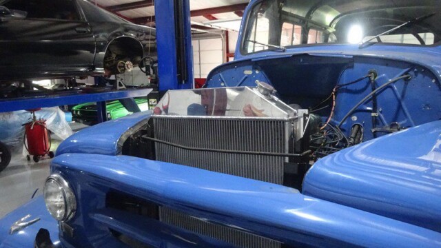 Blue vintage truck, engine detail.