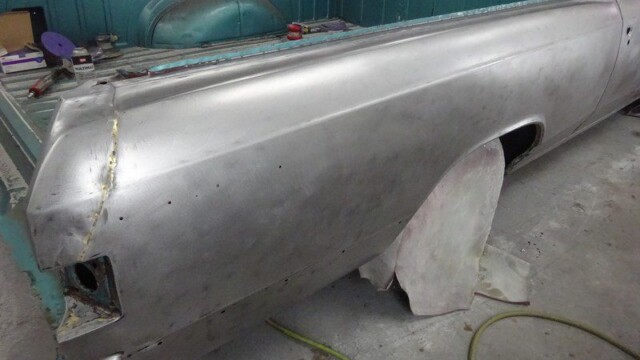 Metal bodywork of classic pickup truck.