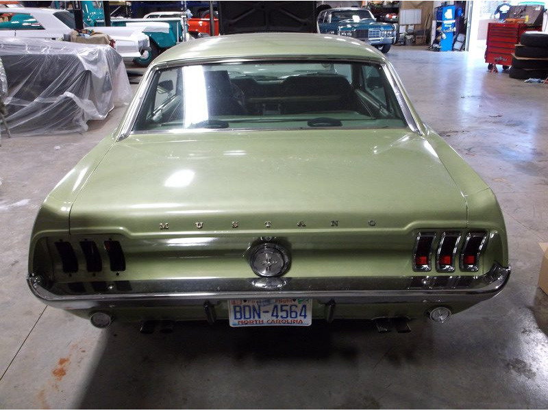 Green Ford Mustang rear view.