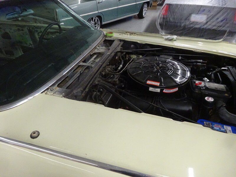 Classic car engine bay, open hood.