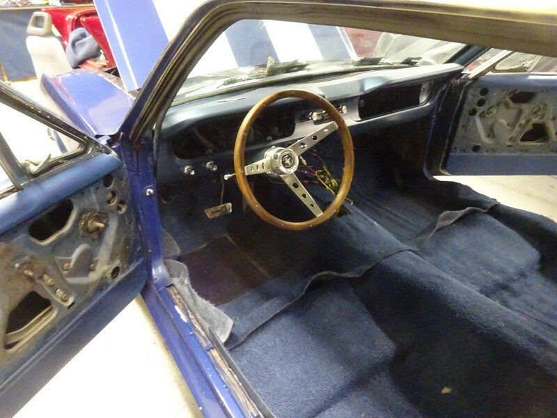 Blue classic car interior, restoration project.