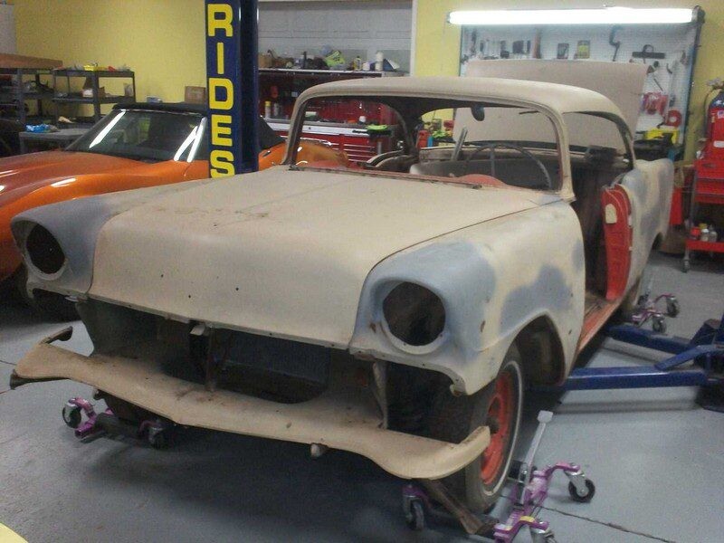 Beige 1955 Chevy restoration project.