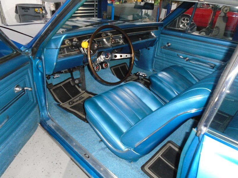 Blue classic Chevy Chevelle interior.