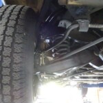 Car underside, tire, suspension detail.